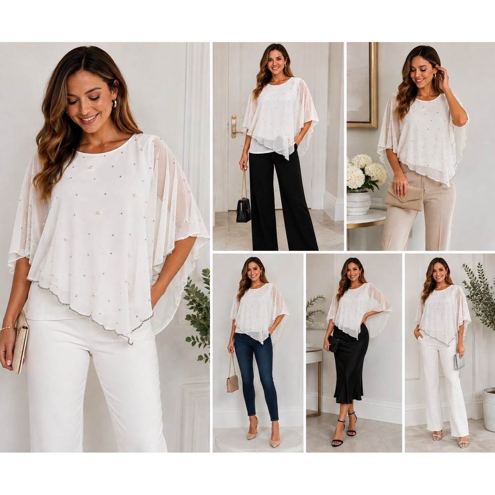 MSK Cape Top Womens S White Pearl Rhinestone Chiffon Asymmetrical Evening Blouse